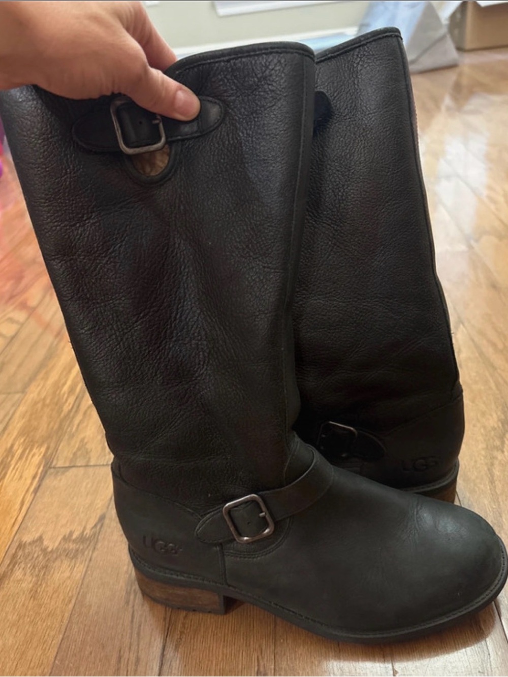 UGG Black Leather Mid-Calf Buckle Riding Boots